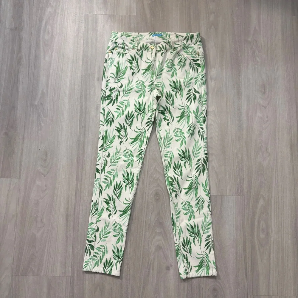 J McLaughlin Pants Women White Green Leaf Print Pant Straight Leg Casual Size 10 - Picture 1 of 15
